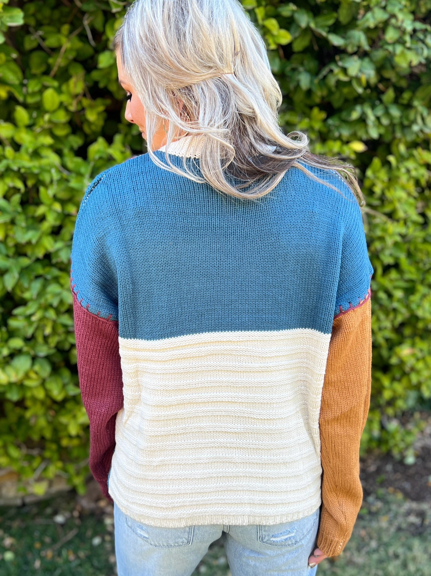 Long Sleeve Knit Color Block Sweater Top FourWayStretchFabric