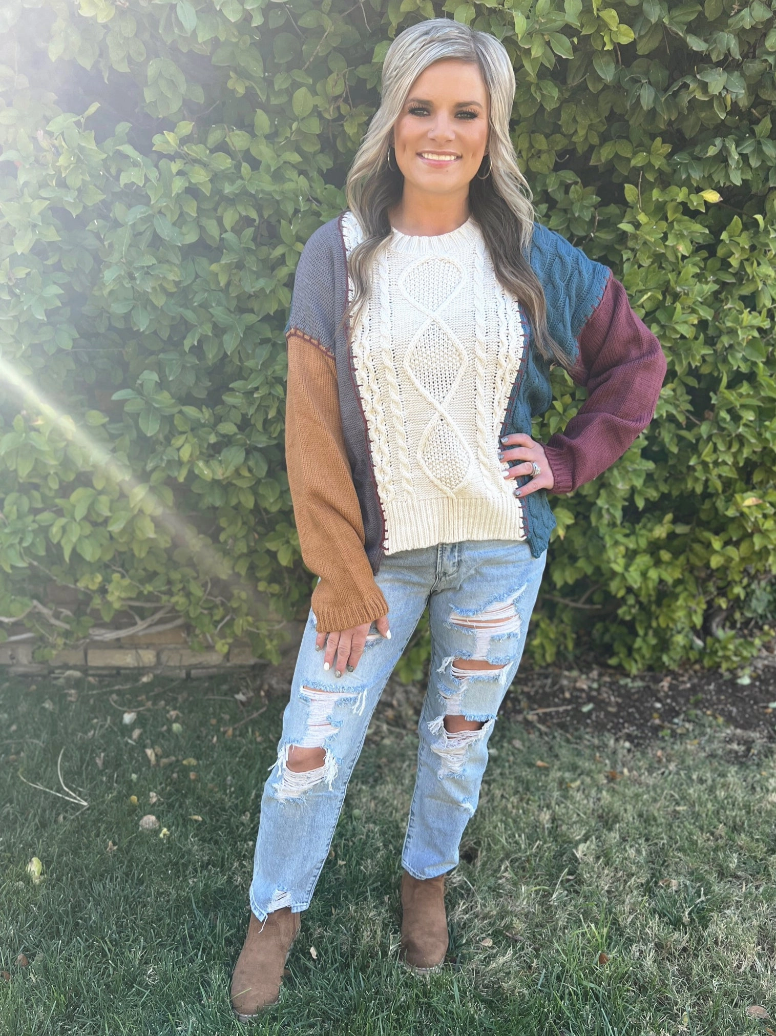 Long Sleeve Knit Color Block Sweater Top Unstructured Silhouette Reflective Detailing