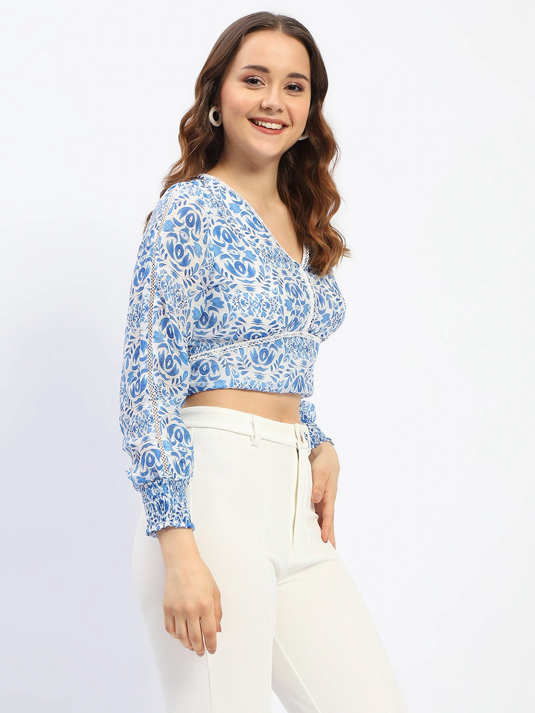Madame Abstract Print Lace Detailed V Neck Blue Cotton Top DoubleStitched Hem