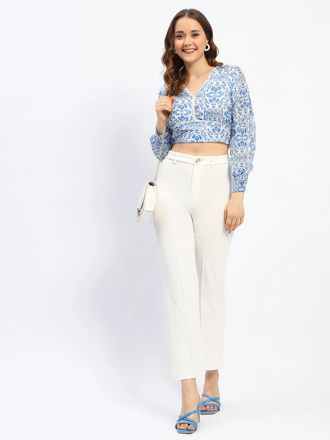 AirflowVents Madame Abstract Print Lace Detailed V Neck Blue Cotton Top