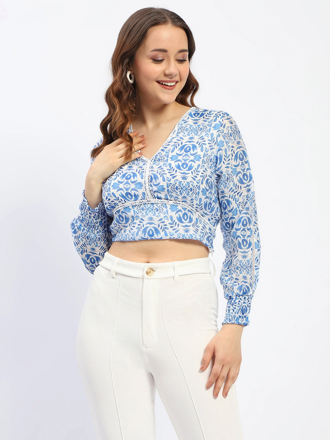 Madame Abstract Print Lace Detailed V Neck Blue Cotton Top ConvertibleCollar Layered Hem Reinforcement