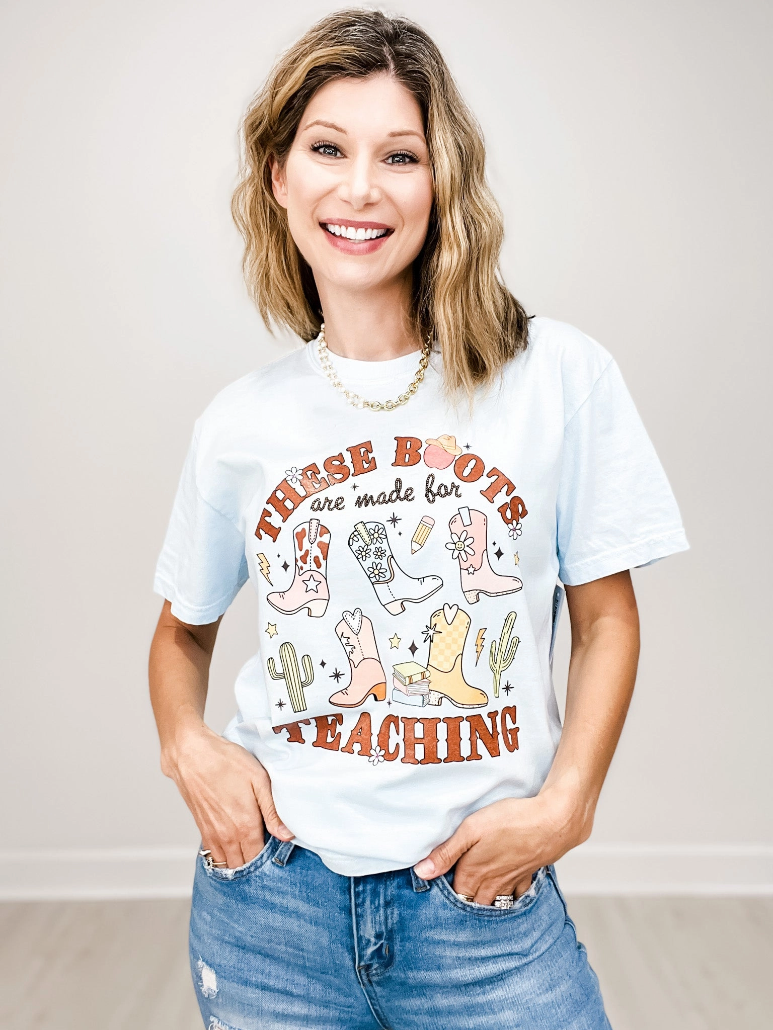 These Boots Are Made For Teaching Rhinestone Graphic Tee UltravioletProtectionFabric High Neckline