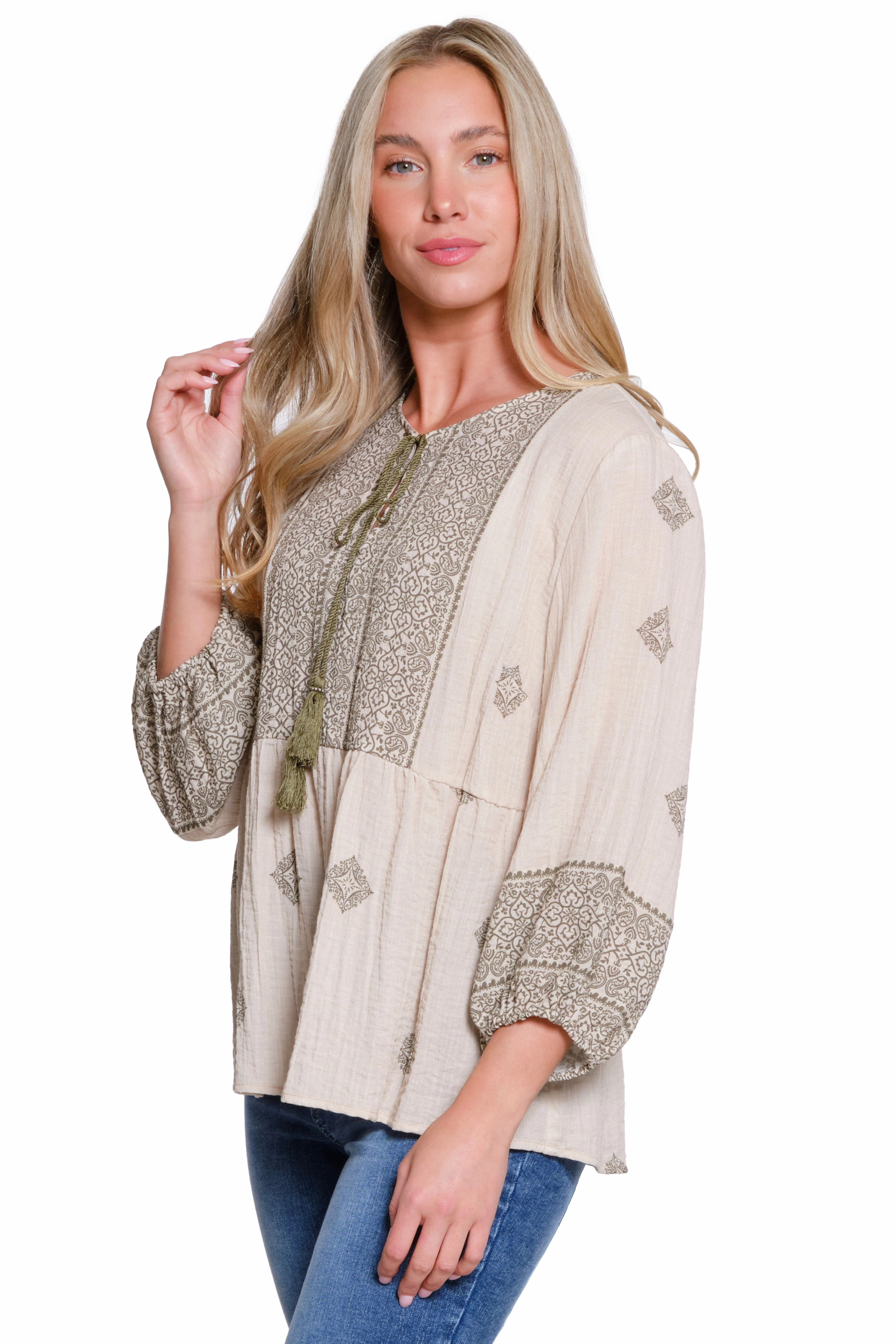 Flexible Neckline Tie Neck Peasant Top - Sage