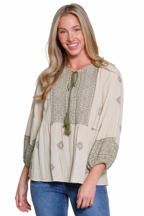 Tie Neck Peasant Top - Sage WeightedHem