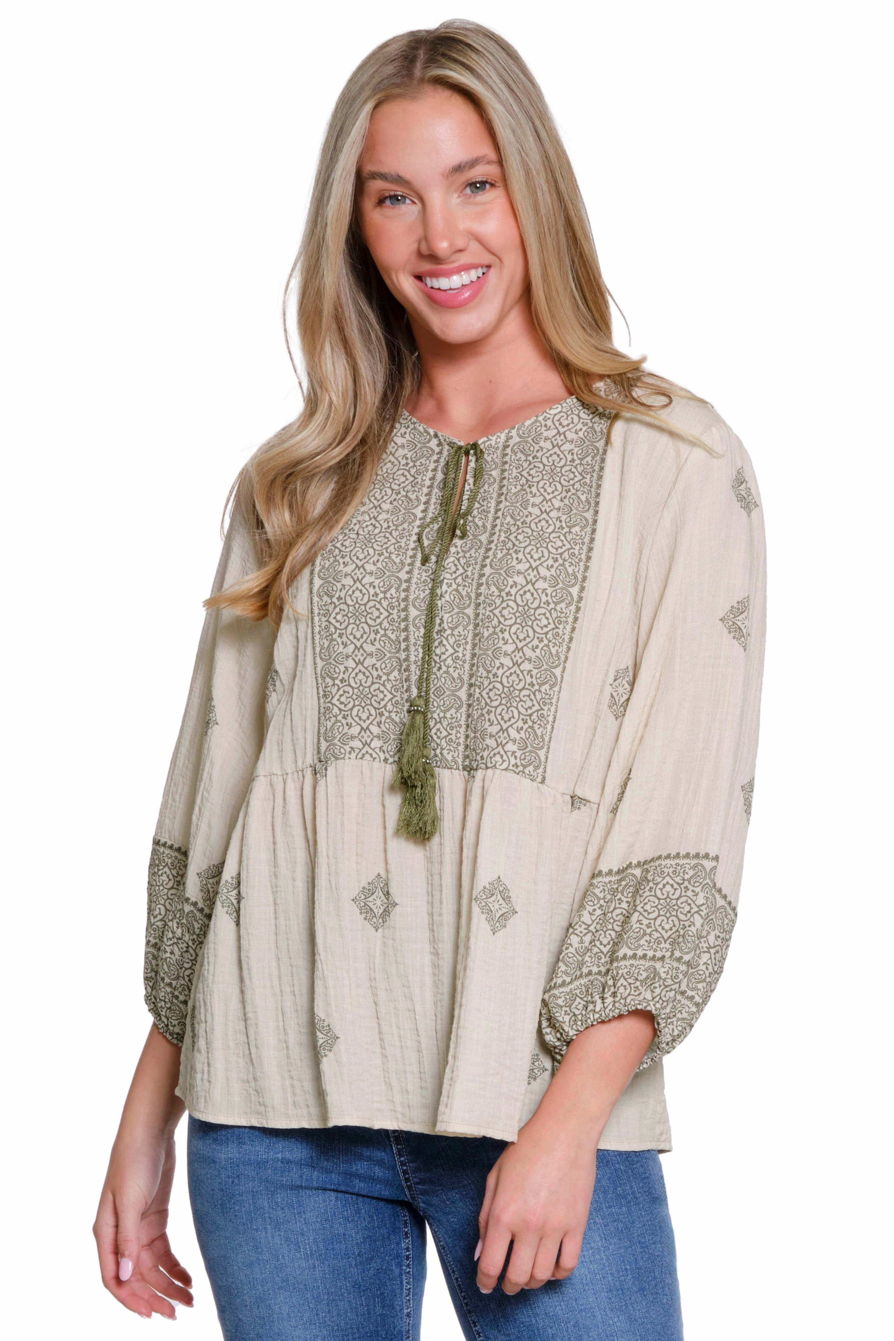 Tie Neck Peasant Top - Sage WeightedHem