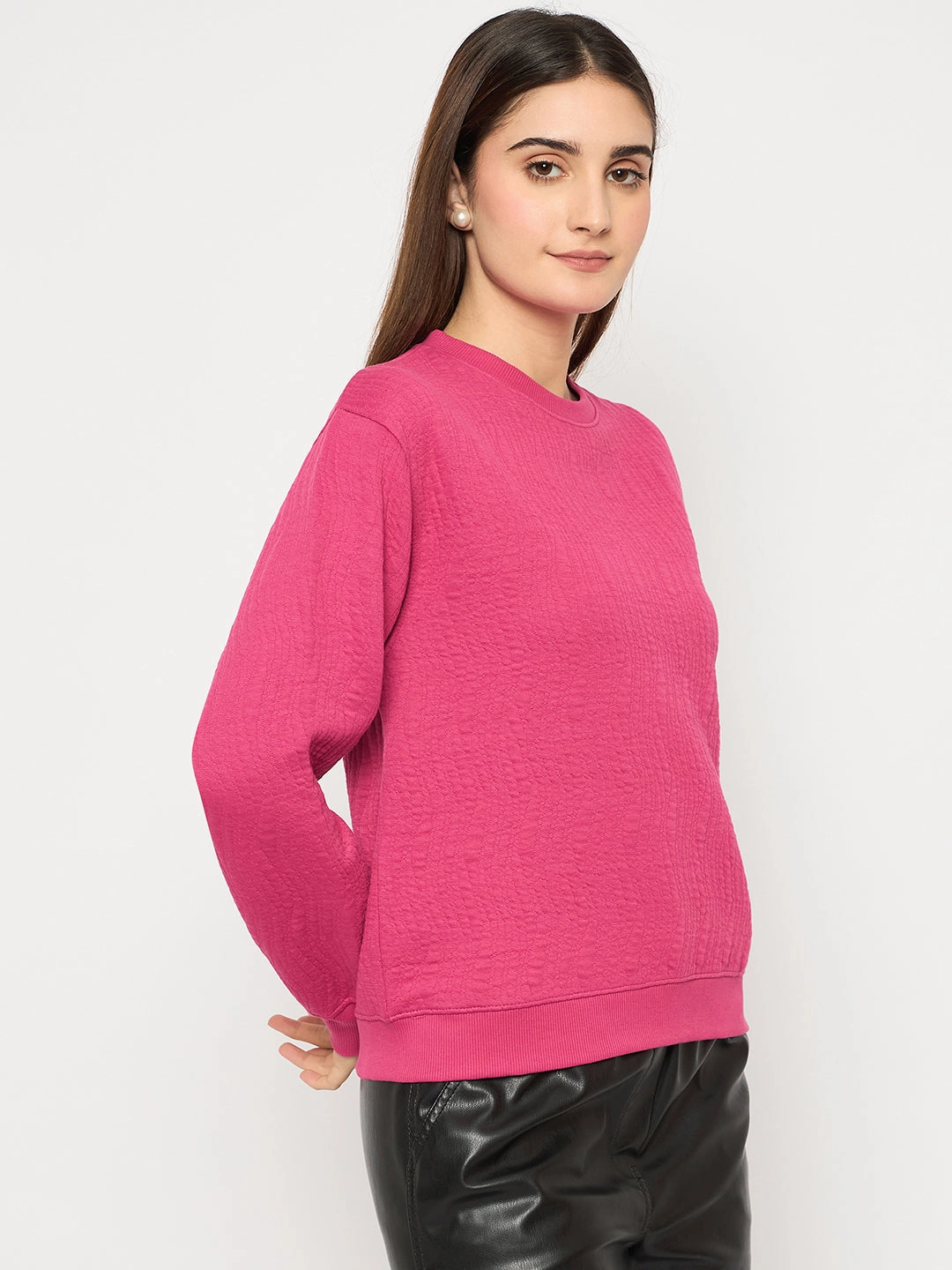 product running suitability Eco Friendly Madame Knitted Self-Textured Hot Pink Sweatshirt