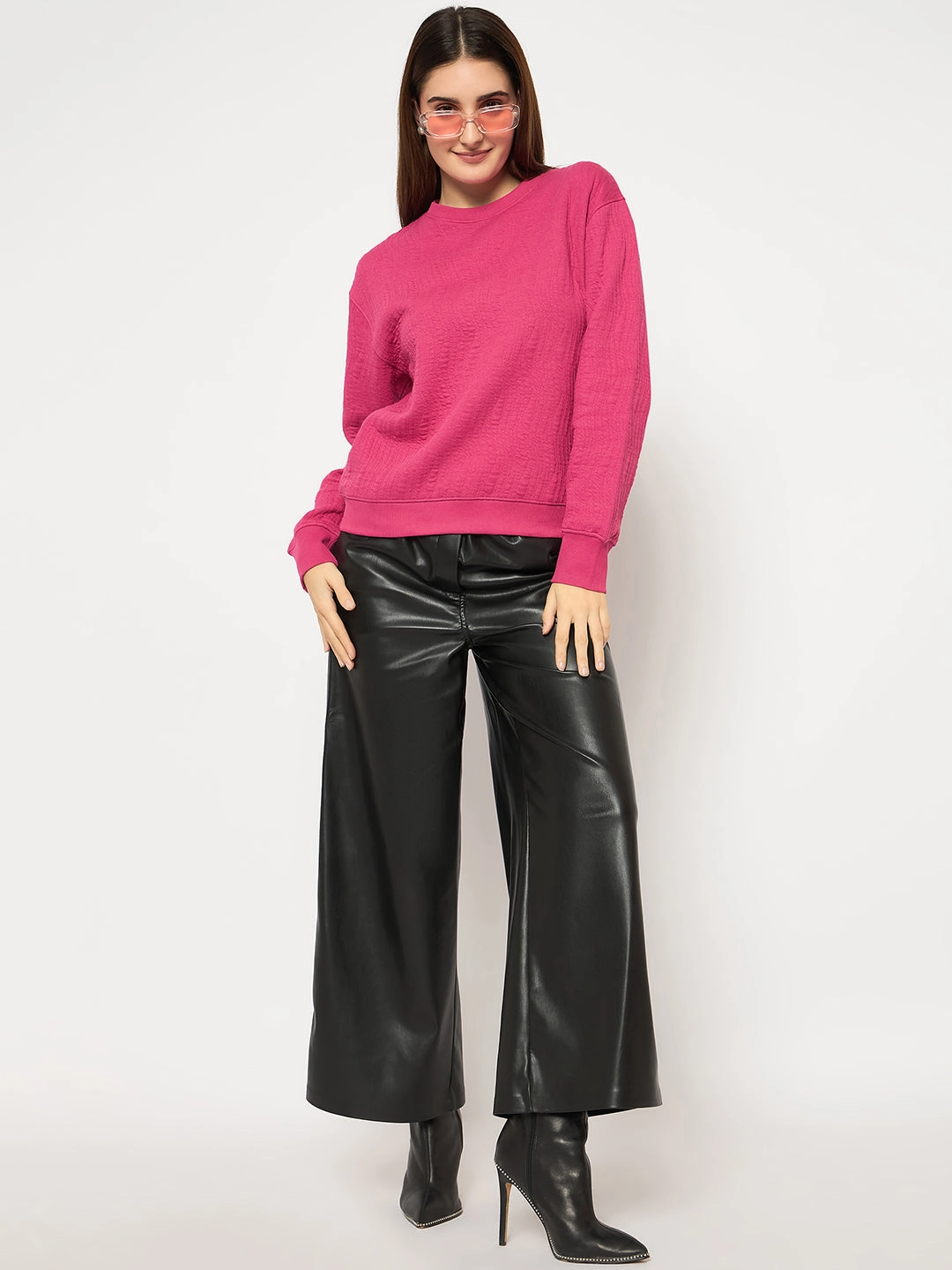 Madame Knitted Self-Textured Hot Pink Sweatshirt Street Style button detail