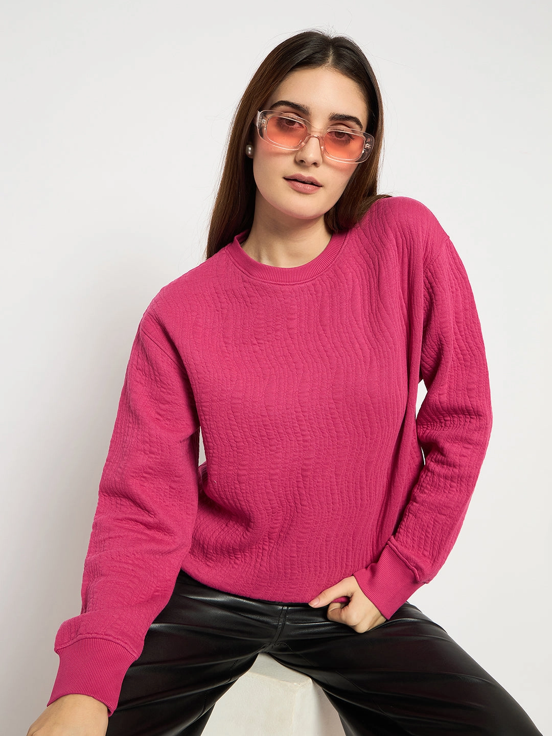 Madame Knitted Self-Textured Hot Pink Sweatshirt button detail Cold Day Wear