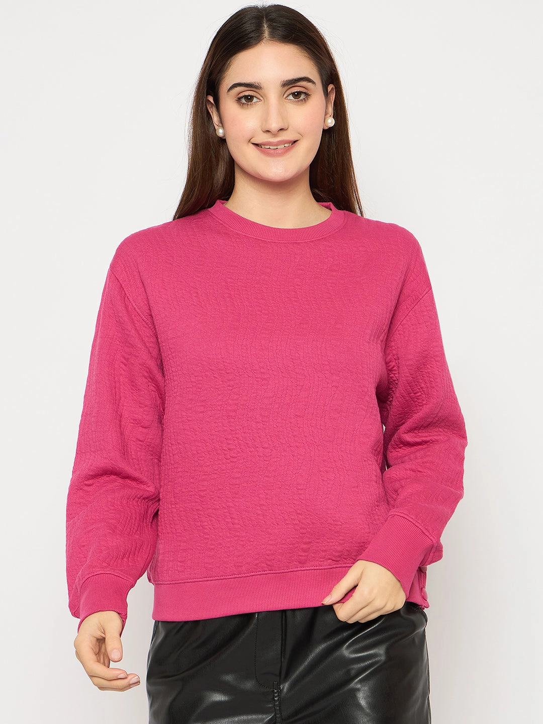 product solo confidence Madame Knitted Self-Textured Hot Pink Sweatshirt