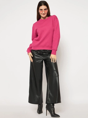 Madame Knitted Self-Textured Hot Pink Sweatshirt Street Style button detail