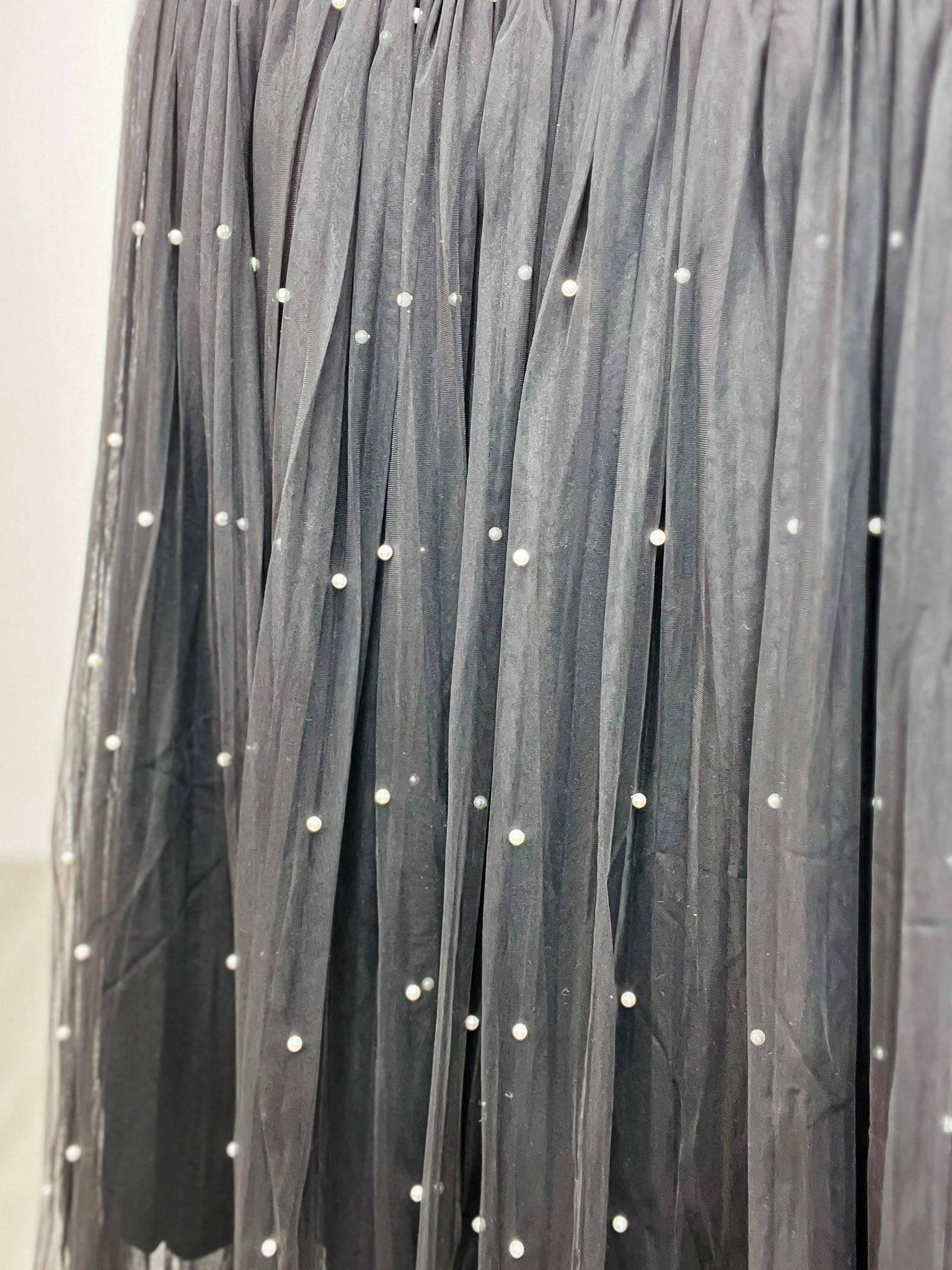 High Waisted Solid Knit Skirt with Pearl Beaded Mesh Tulle Side zipper