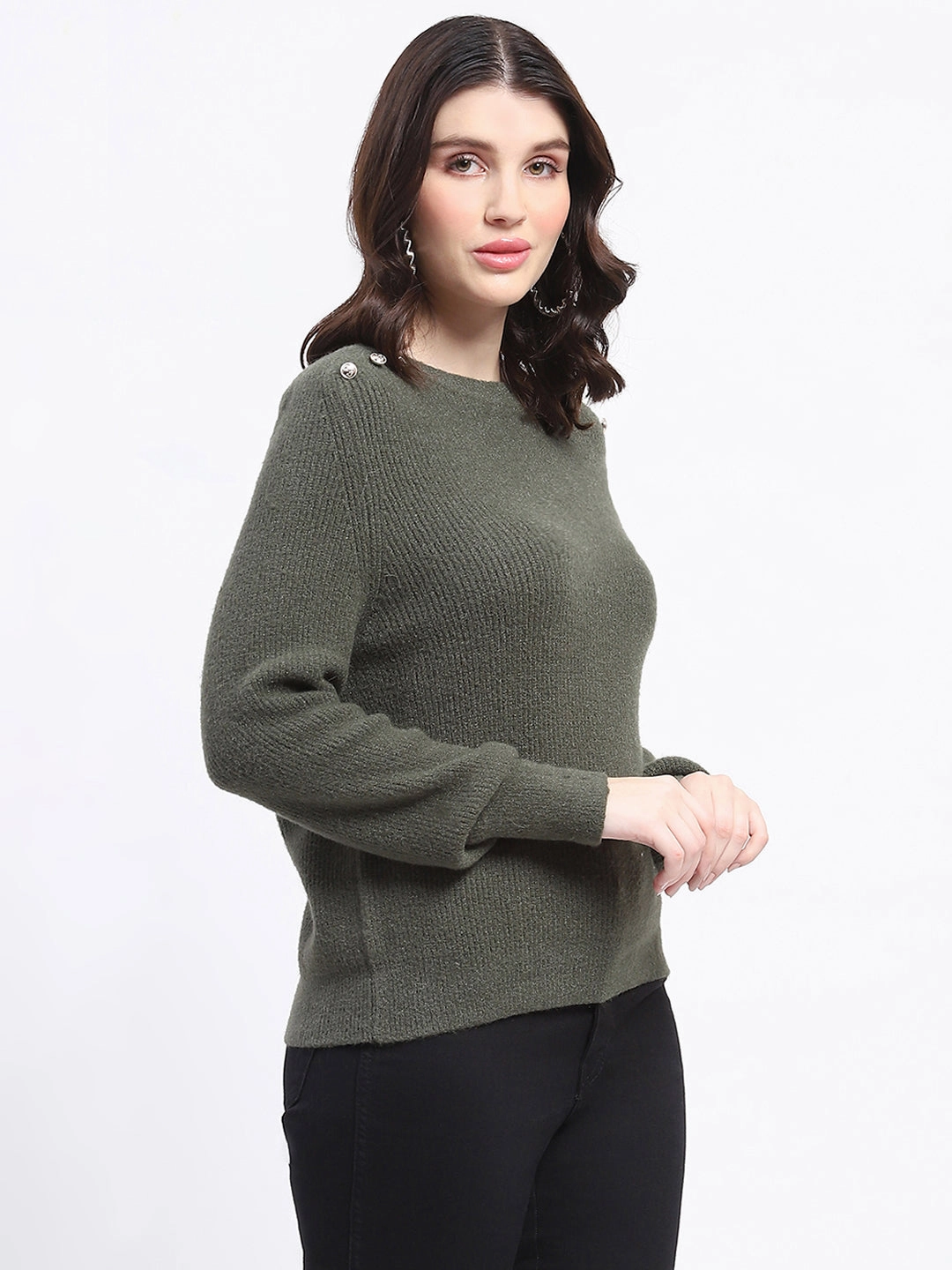 Madame Button Detailed Solid Olive Knitted Sweater Comfortable Style