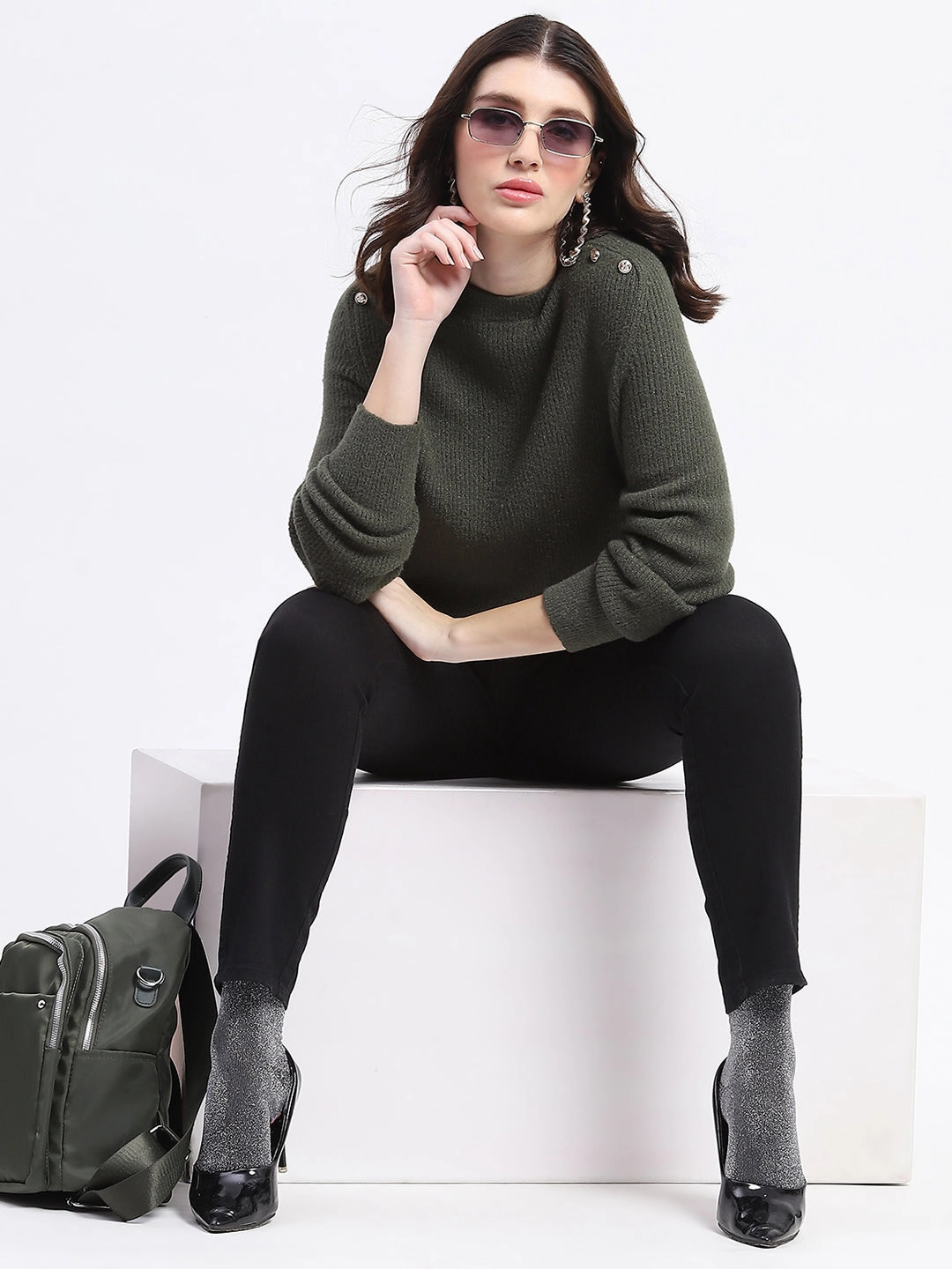 Madame Button Detailed Solid Olive Knitted Sweater Recycled Yarn Quick Fit Performance