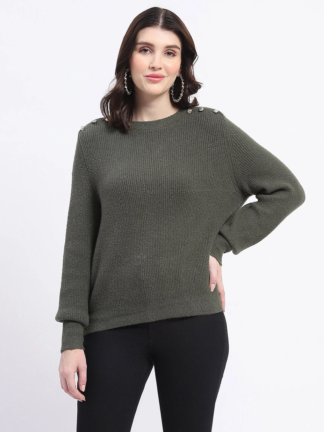 Winter Comfort Layer Thermal Insulation Technology Madame Button Detailed Solid Olive Knitted Sweater