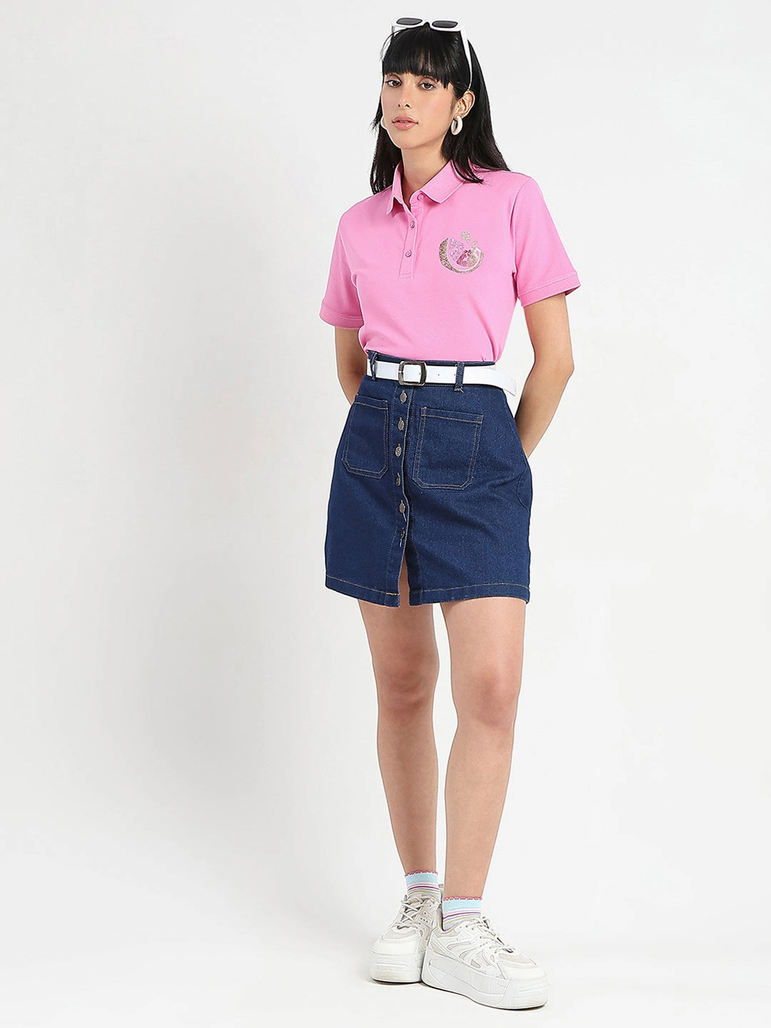 Madame Graphic Print Adorned Cotton Blend Pink Polo T-shirt Fashionable Shirt