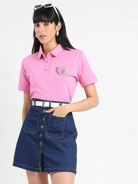 Madame Graphic Print Adorned Cotton Blend Pink Polo T-shirt Airflow Optimized Weave