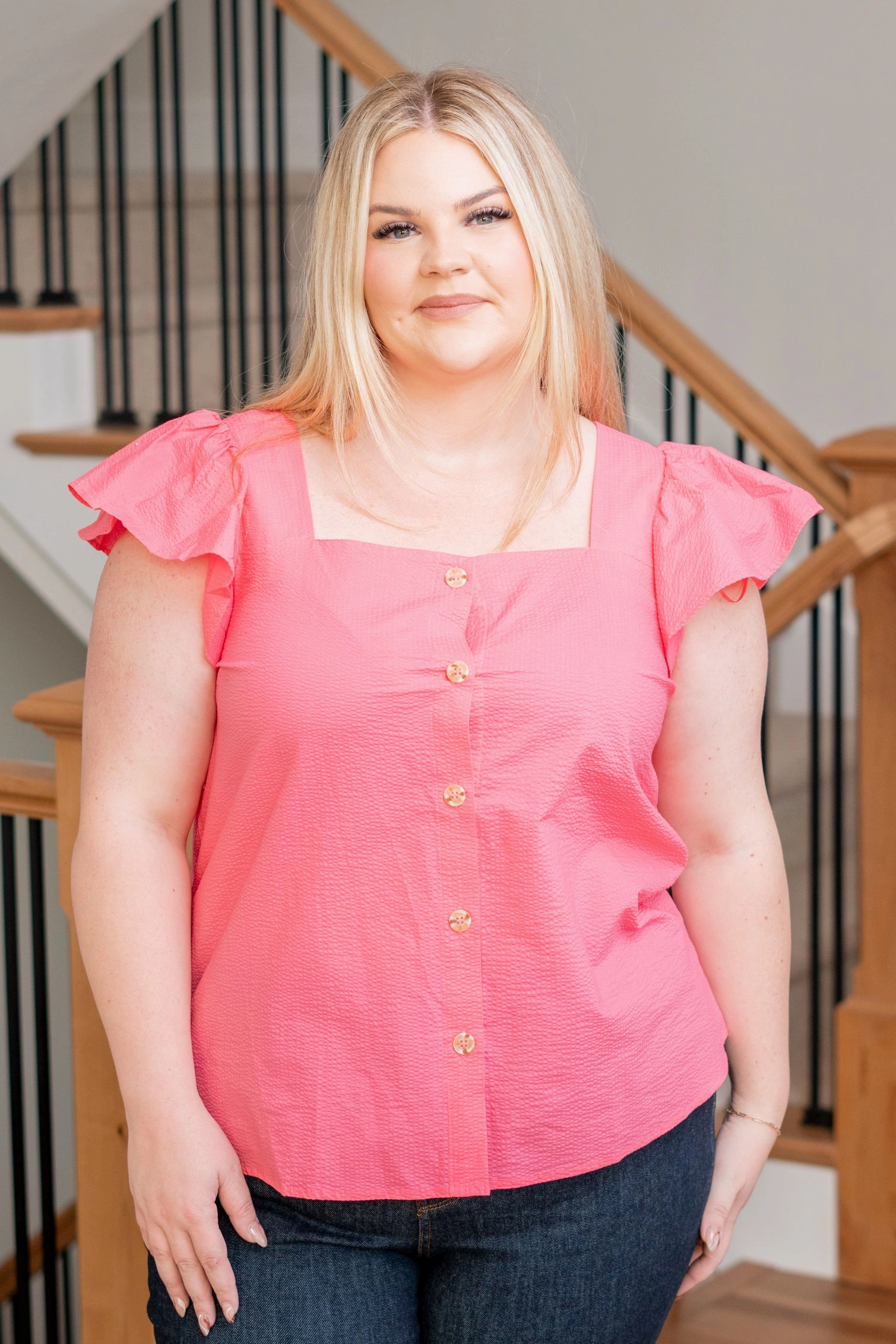 Plus Size Button Up Top - Pink Fast Drying