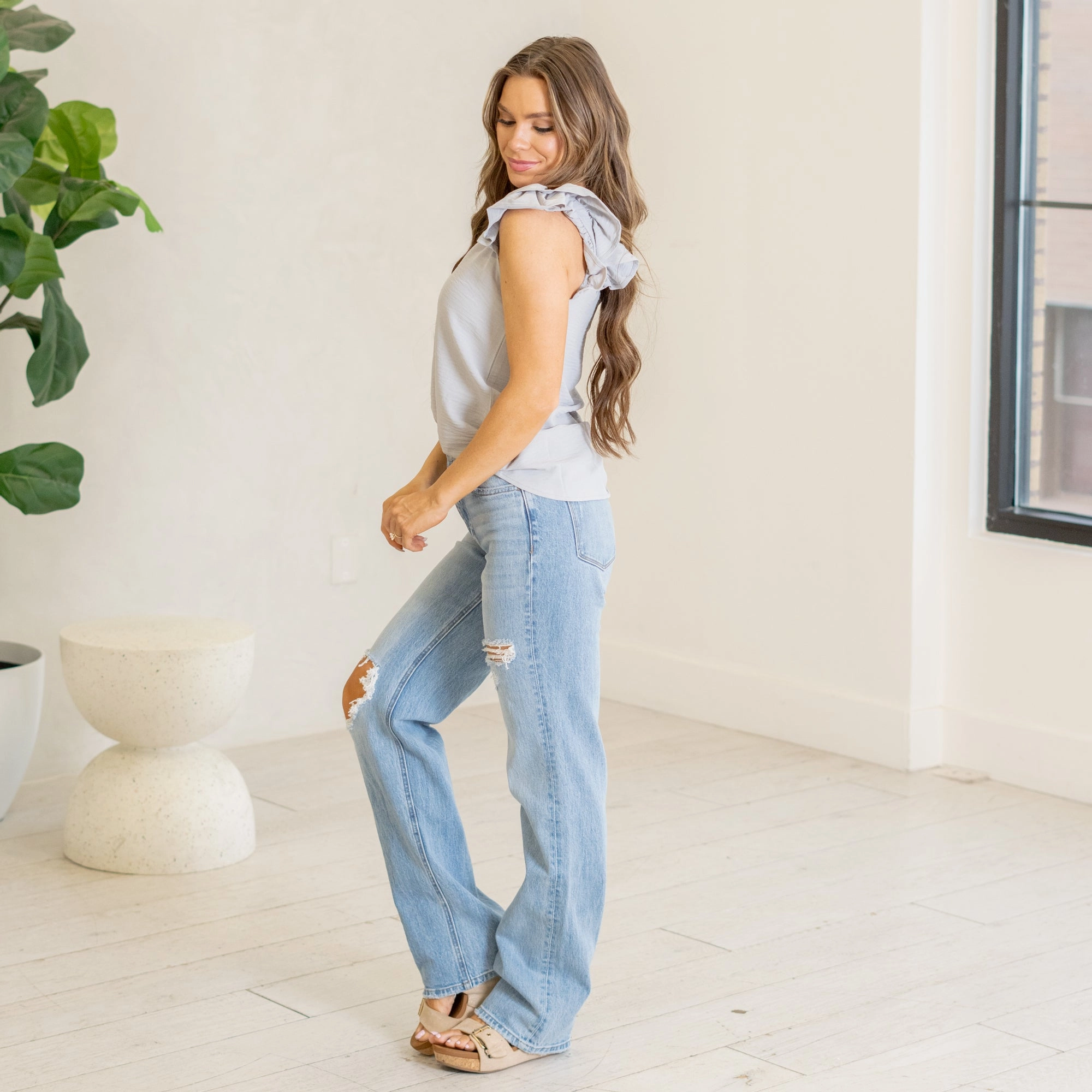 VERVET Satisfying Super High Rise Distressed Straight Leg Jeans Medium Blue Rainy Day Winter Warmth Autumn Days Work Meeting Trendy Modern Minimalist