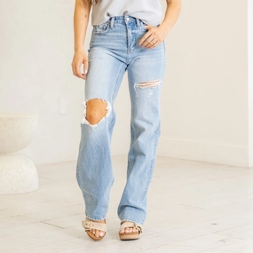 Parent Style Trendy Breathable VERVET Satisfying Super High Rise Distressed Straight Leg Jeans Medium Blue