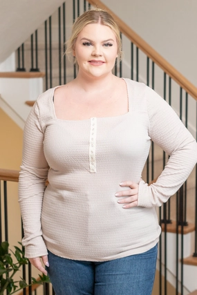 Plus Size Snap Front Square Neck Top - Off Mauve Bold Statement