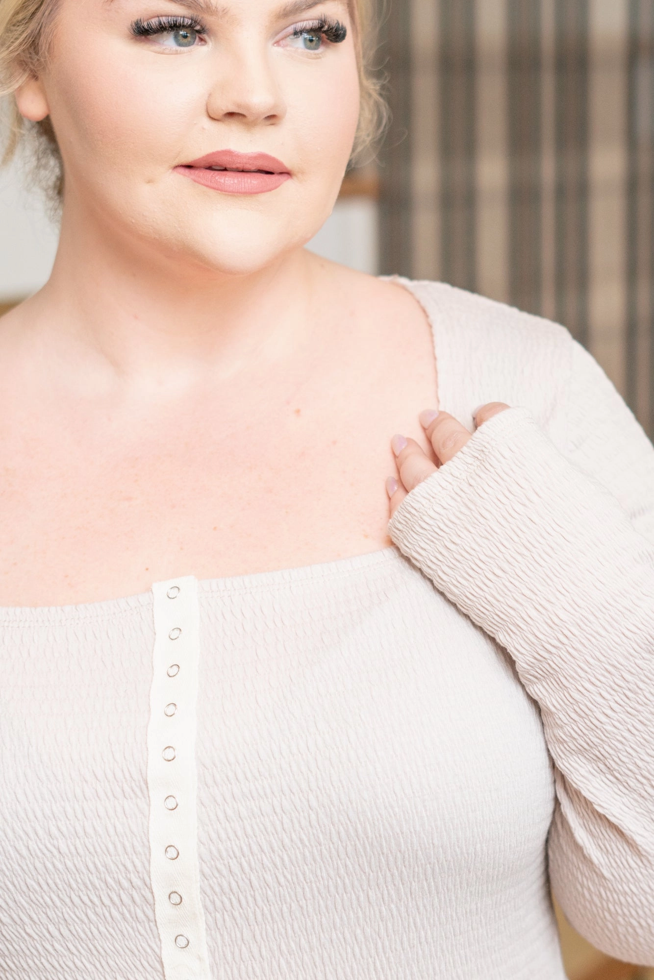 Special Occasion Plus Size Snap Front Square Neck Top - Off Mauve