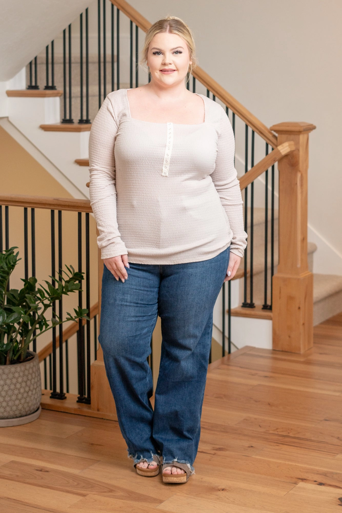 Plus Size Snap Front Square Neck Top - Off Mauve Cozy Option High Neck