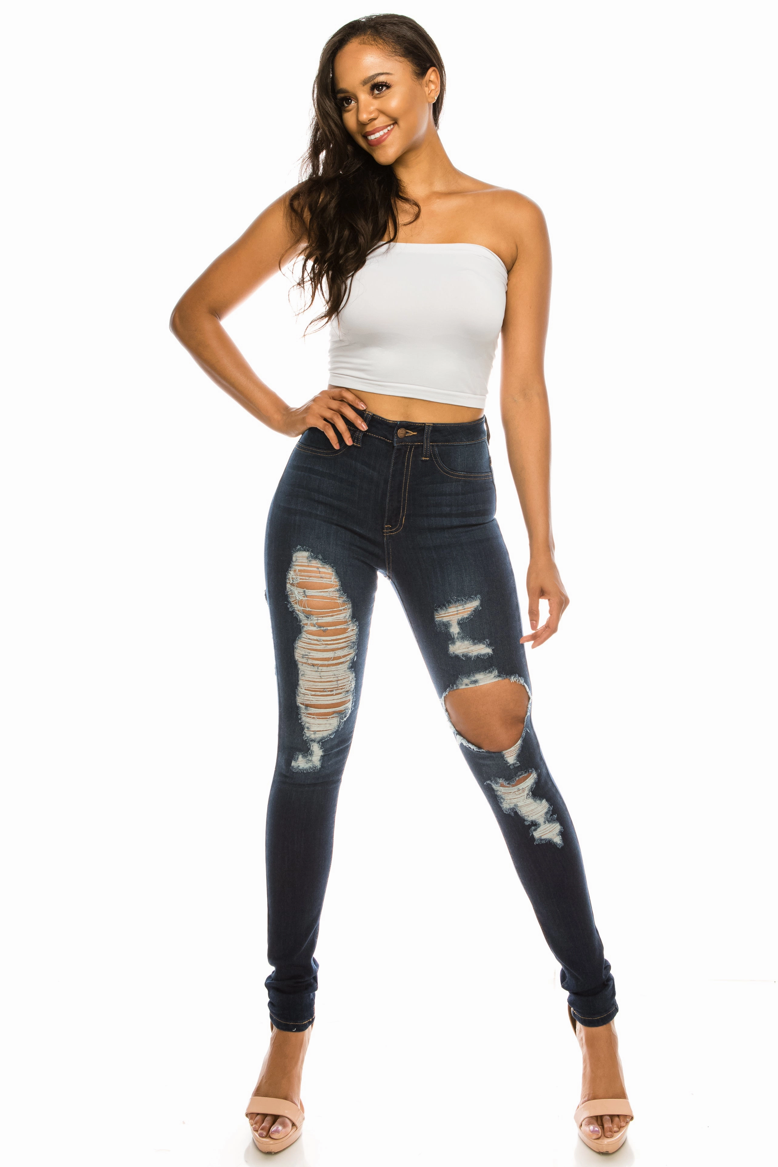 4558 Women's Super High Waisted Distressed Skinny Jeans Street Fashion Breathable