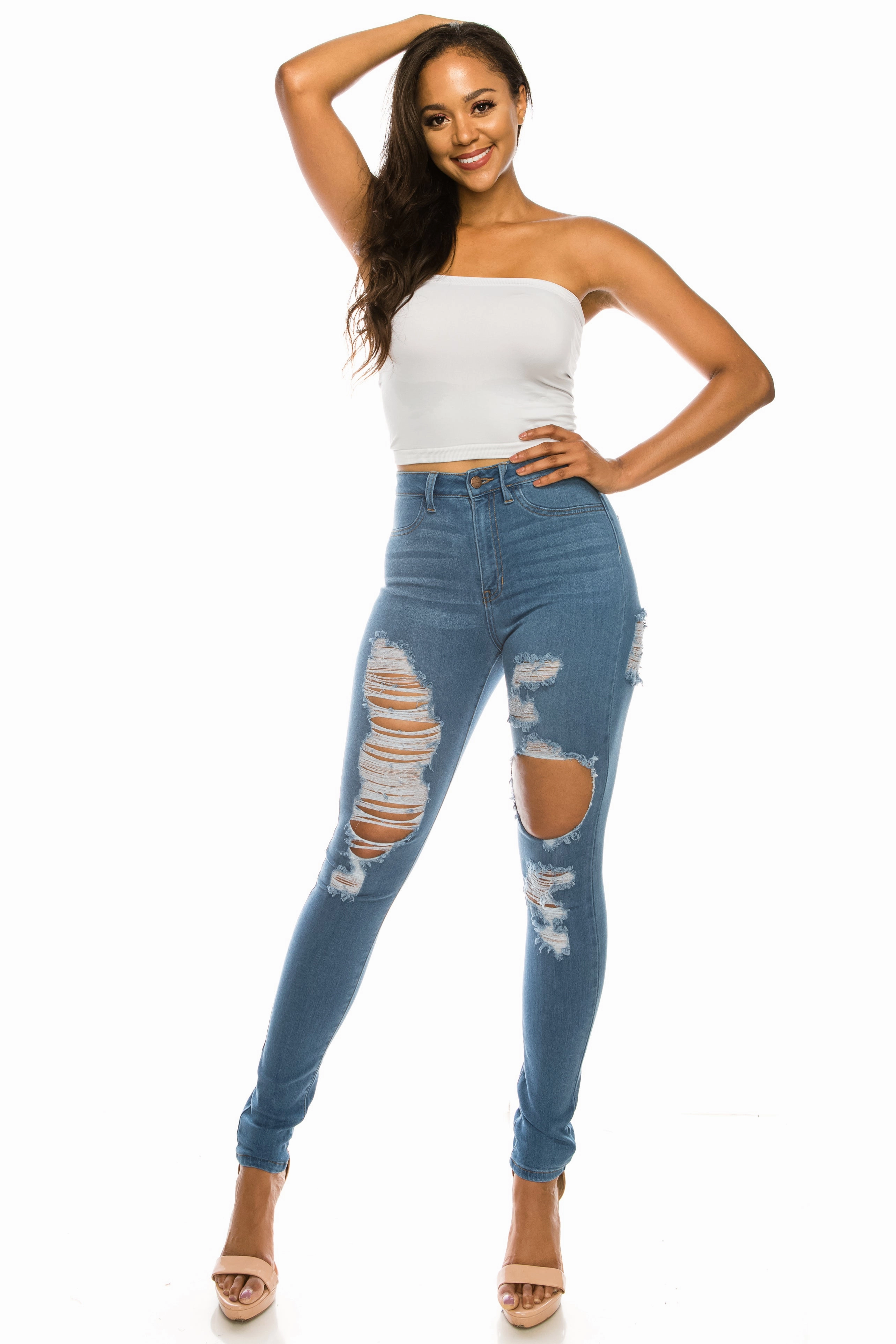 Trendy Look Relaxed Basics 4558 Women's Super High Waisted Distressed Skinny Jeans