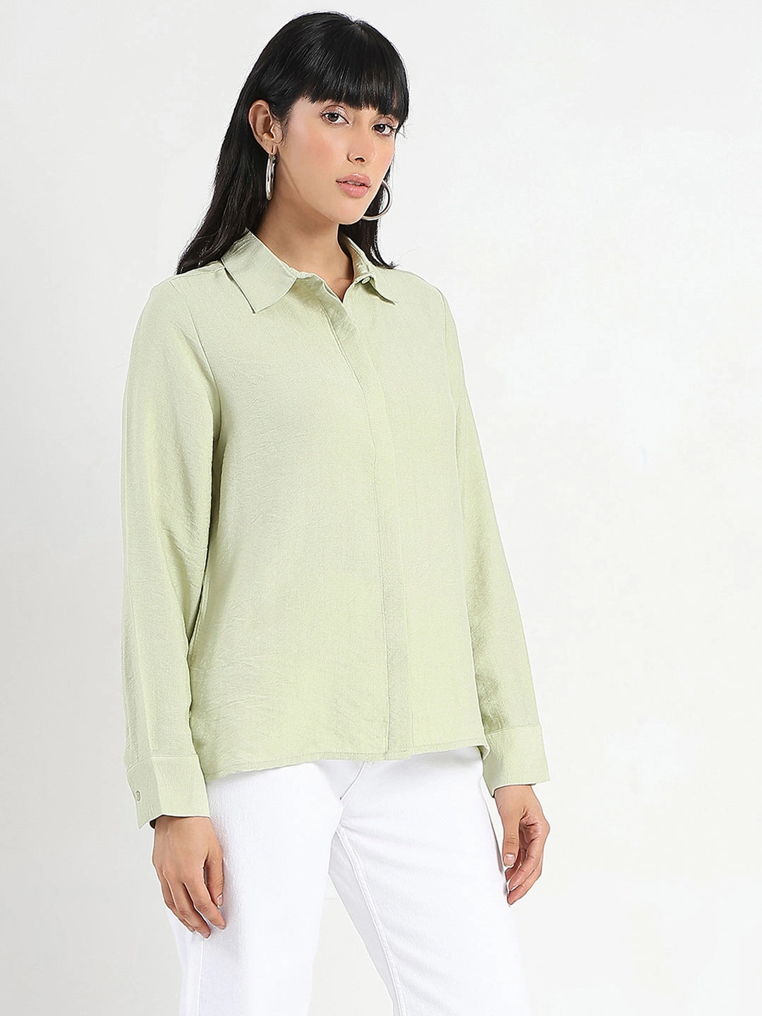 Madame Apple Green Rayon Blend Shirt Soft Stretch Collar