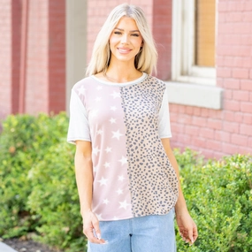 Vanilla Bay Starlit Contrast Leopard Knit Tee ?C Mauve Casual Active Wear