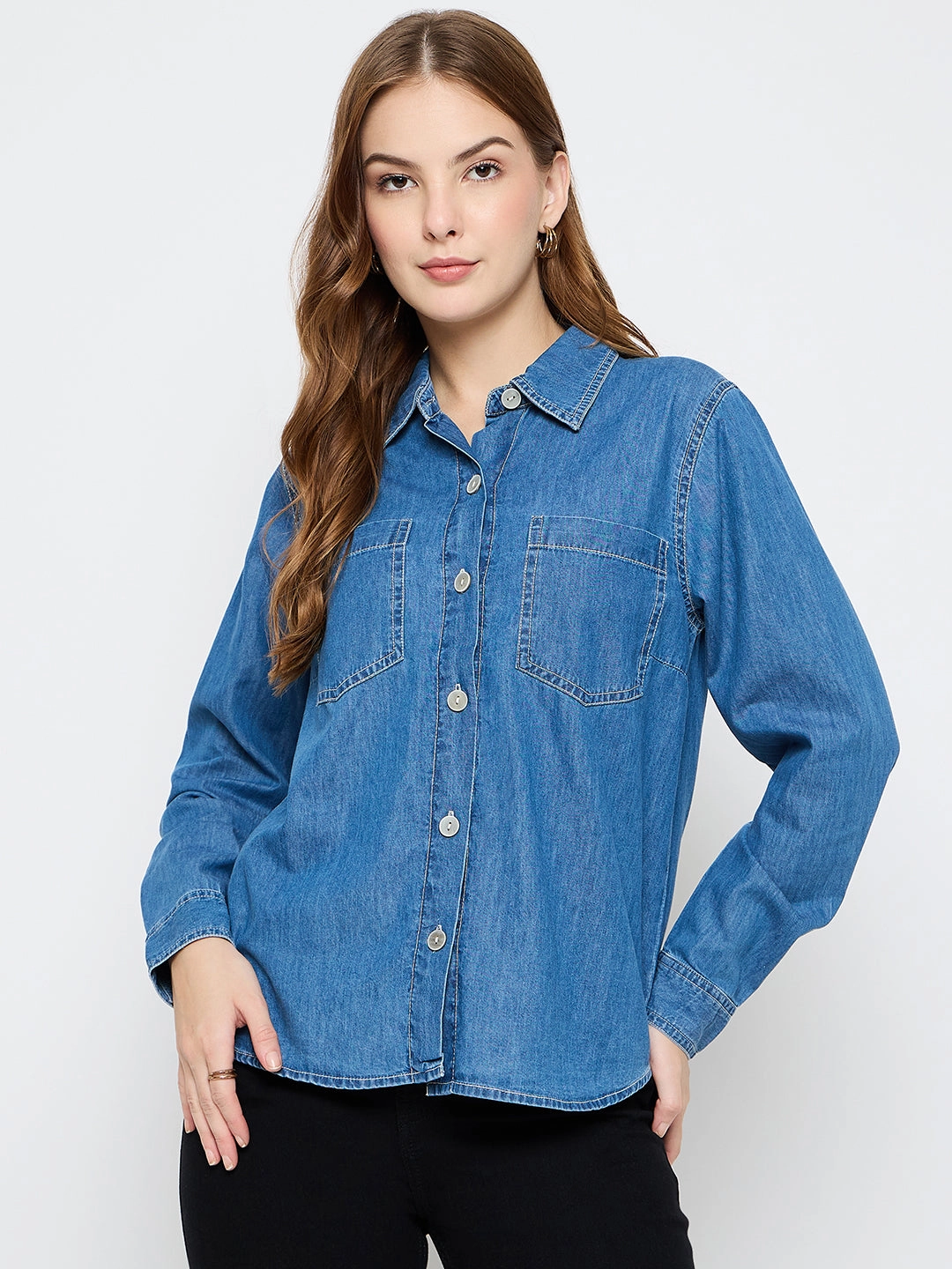 Madame Cotton Mid Blue Denim Shirt No Chafe Edging Reinforced Hems