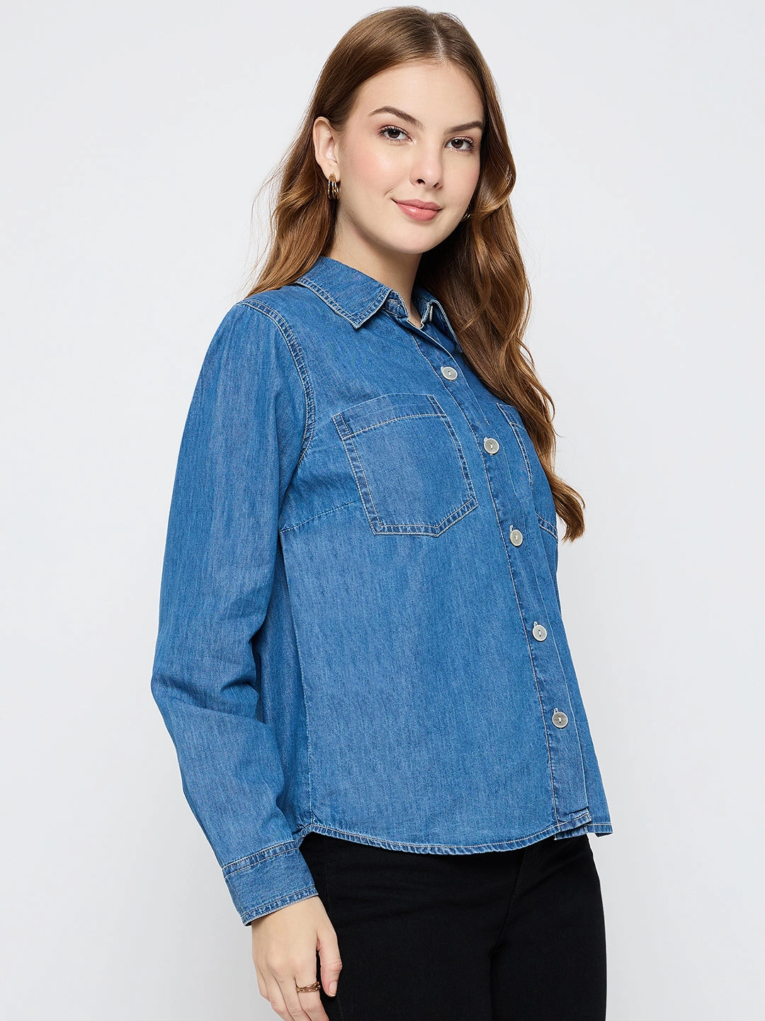 Madame Cotton Mid Blue Denim Shirt Hidden Button Placket Refined Aesthetic