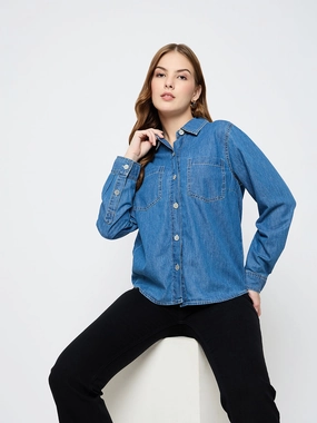 Unisex Option Denim Blend Madame Cotton Mid Blue Denim Shirt