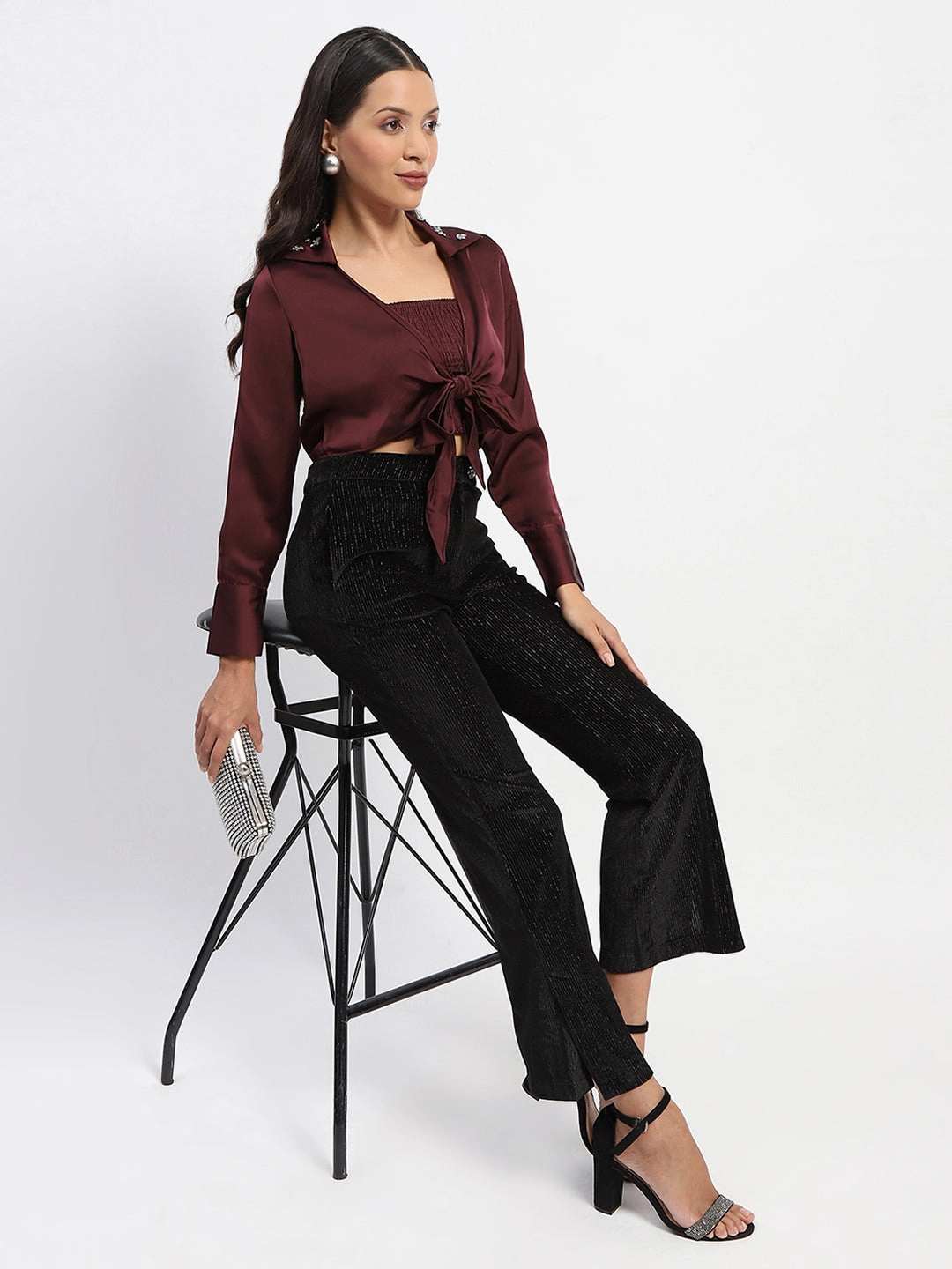 Madame Embellished Collar Front Knot Two Piece Maroon Crop Shirt Printed design Lounge Comfort