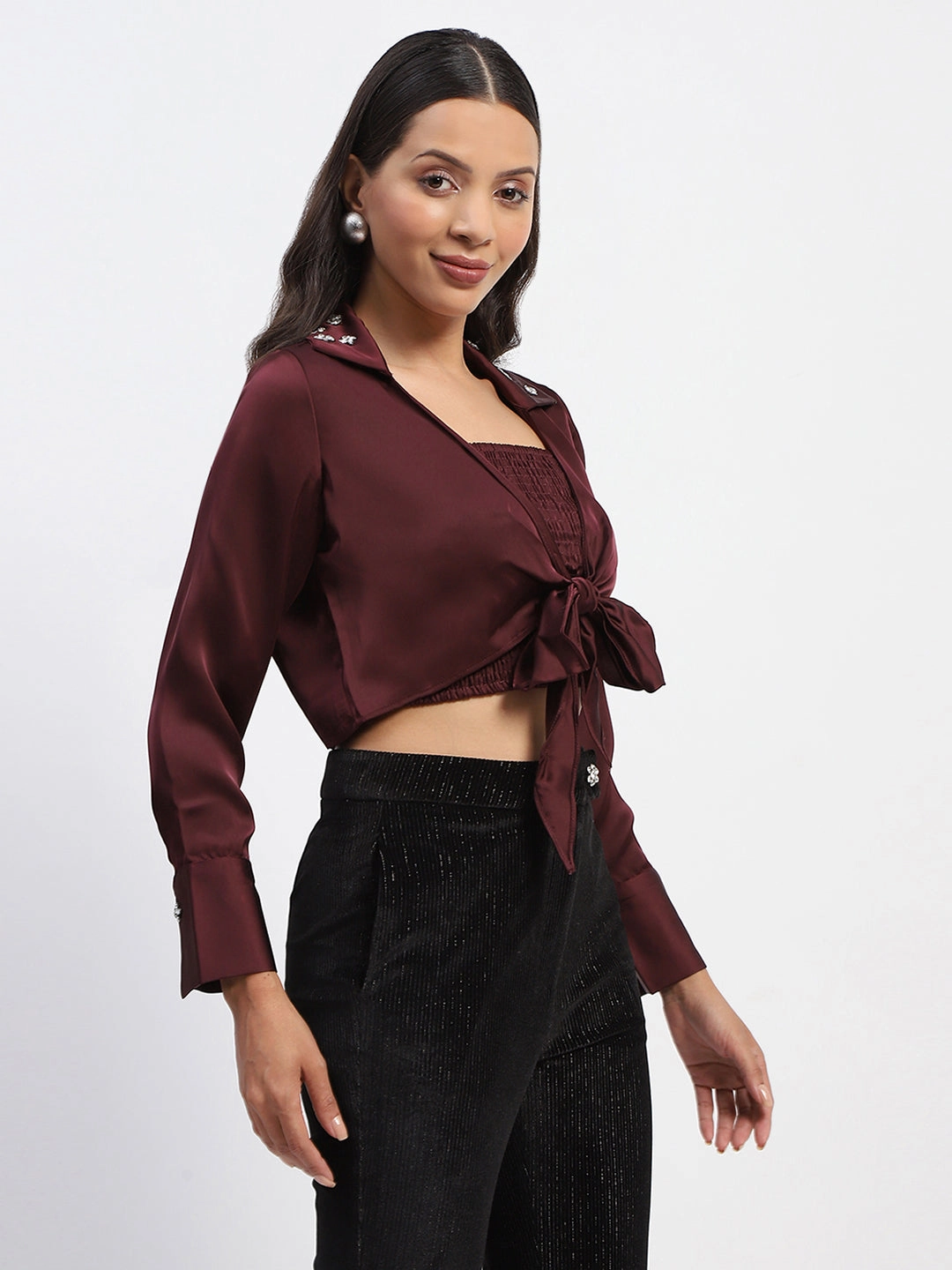 Striped Design Street Wear Madame Embellished Collar Front Knot Two Piece Maroon Crop Shirt
