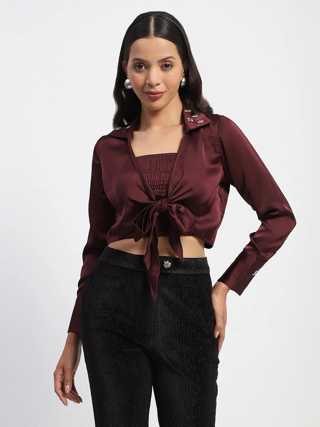 Madame Embellished Collar Front Knot Two Piece Maroon Crop Shirt Cozy Fit Printed Pattern