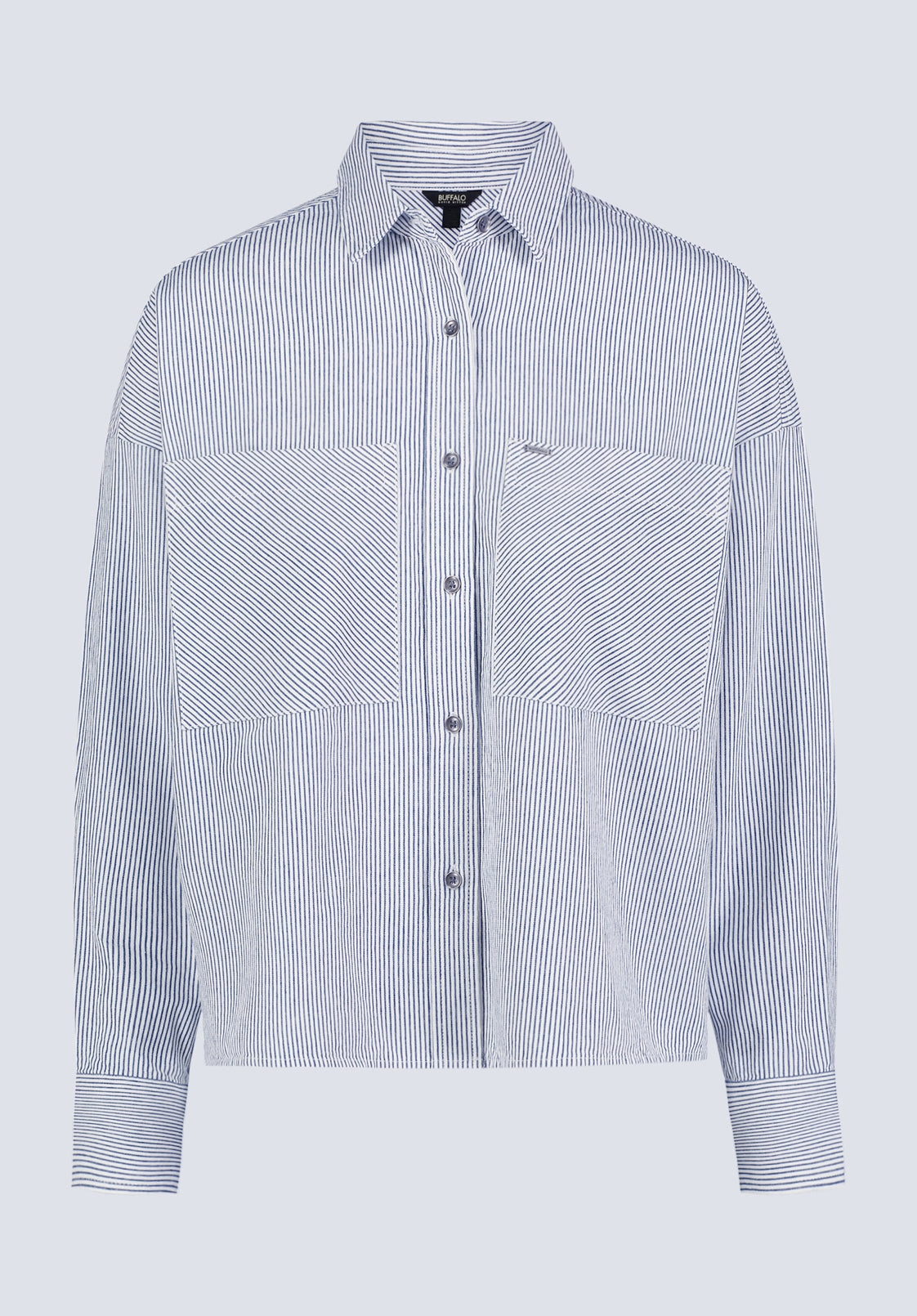 Modern Fit Roomy Cut Twyla Women's Boxy Striped Button-Up Shirt, Whale & White - WT0084H