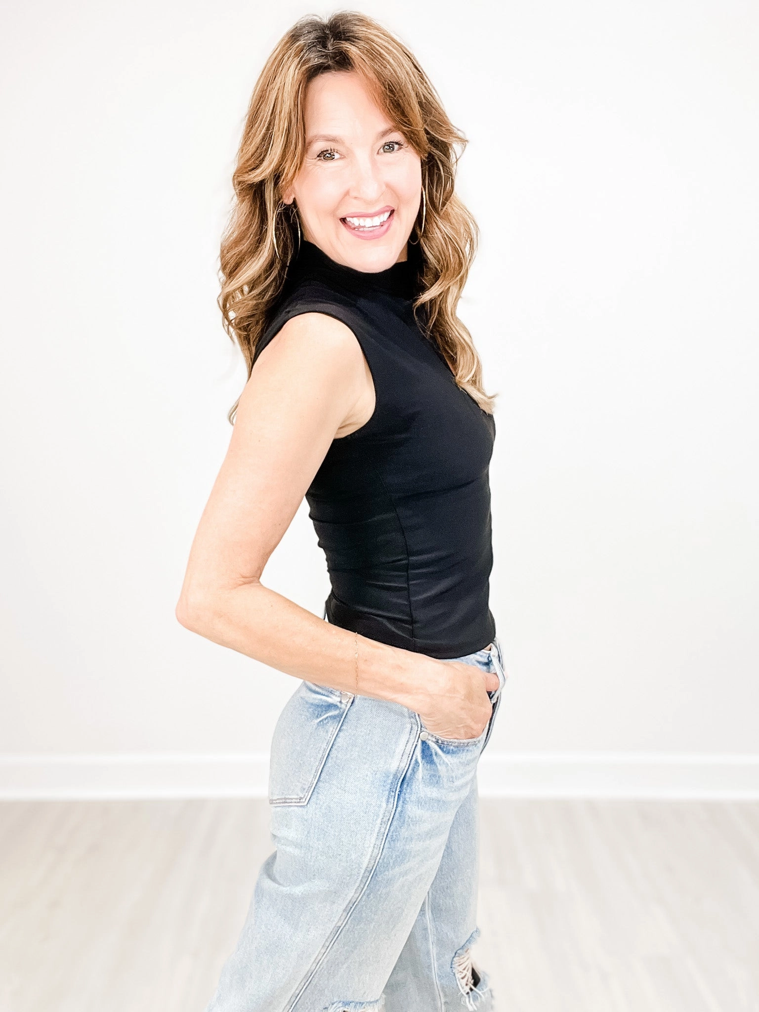 Sleeveless Mock Neck Top with Keyhole Front LightweightLayeredFabric Anti Pilling Treatment