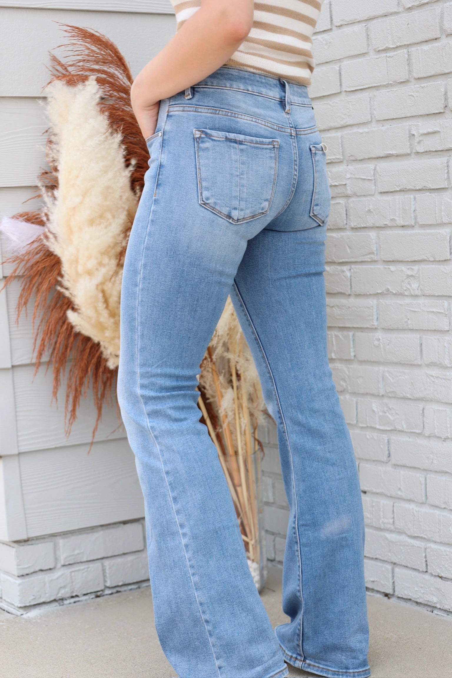 Winter Warmth Student Outfit Textured Saber Flare Jeans