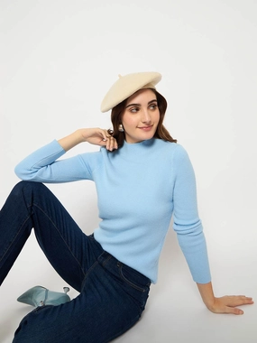 Temperature Regulating Fibers Madame Turtle Neck Full Sleeve Blue Sweater