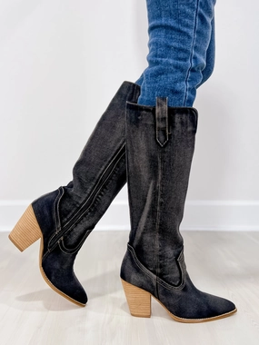 Corkys Talk Is Cheap Western Boots in Washed Dark Blue Denim Youth Style Student Outfit Modern Minimalist Rainy Day