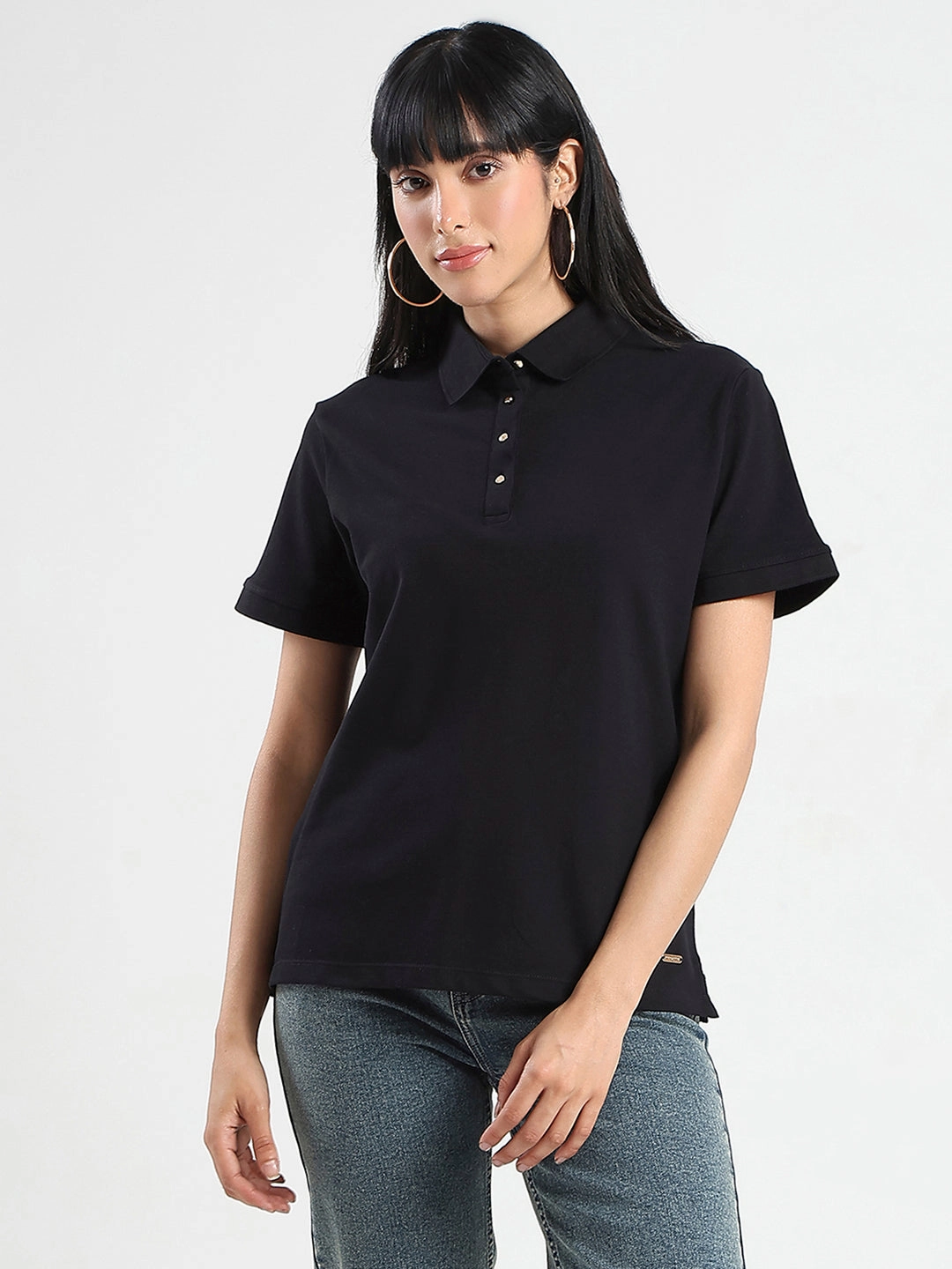 FlexibleCollar Structured Shoulder Madame Collared Solid Black Cotton Blend Polo T-Shirt