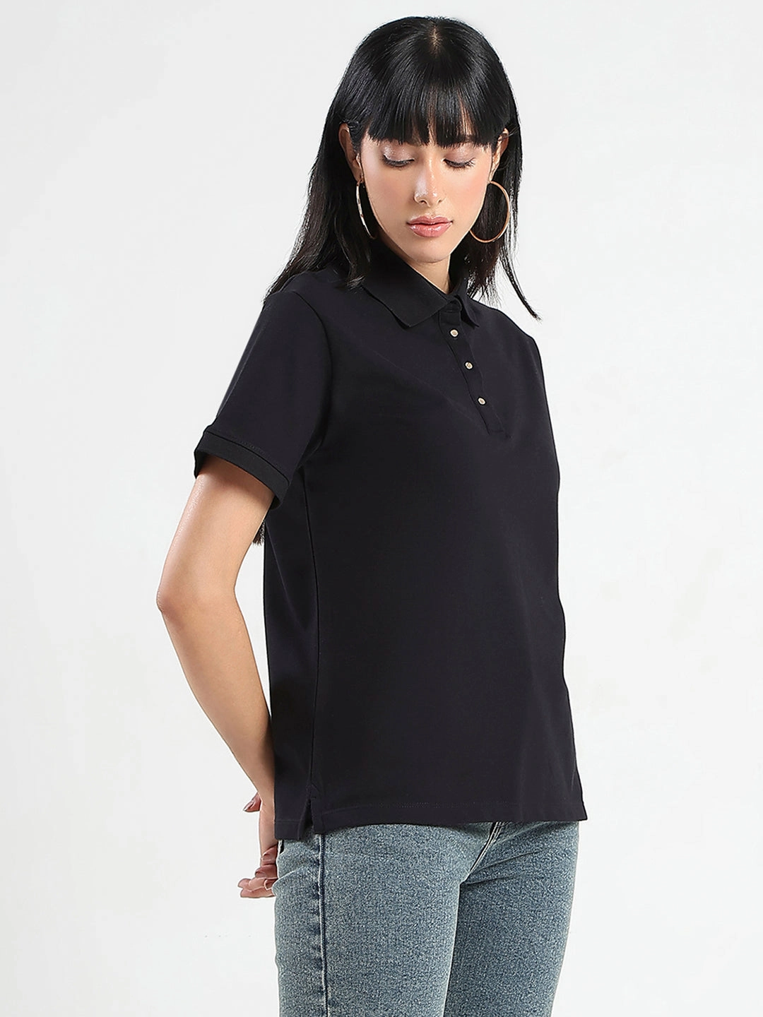 Durable Double Stitching Sandwich Mesh Panel Structure Madame Collared Solid Black Cotton Blend Polo T-Shirt