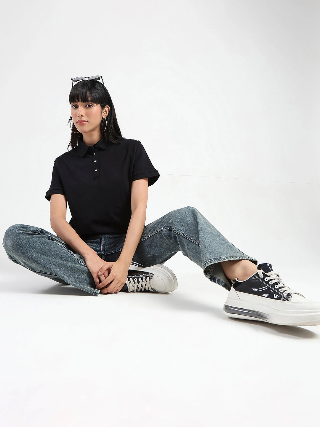 Easy to Wear Madame Collared Solid Black Cotton Blend Polo T-Shirt