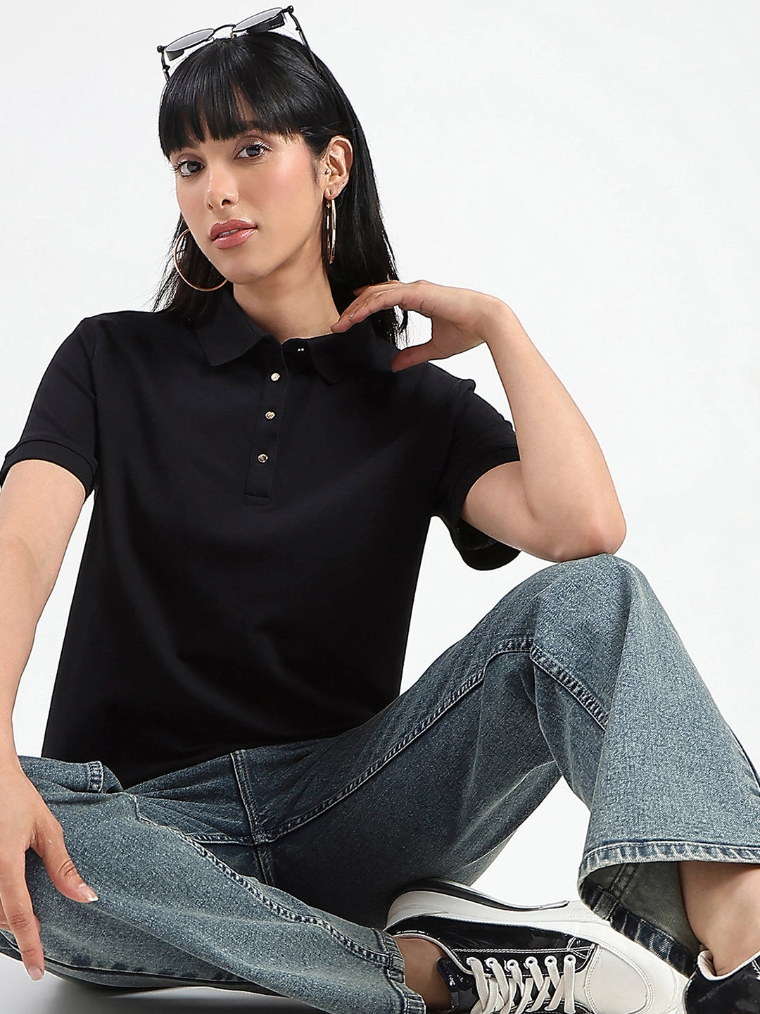 Madame Collared Solid Black Cotton Blend Polo T-Shirt Durable Reinforced Shoulders
