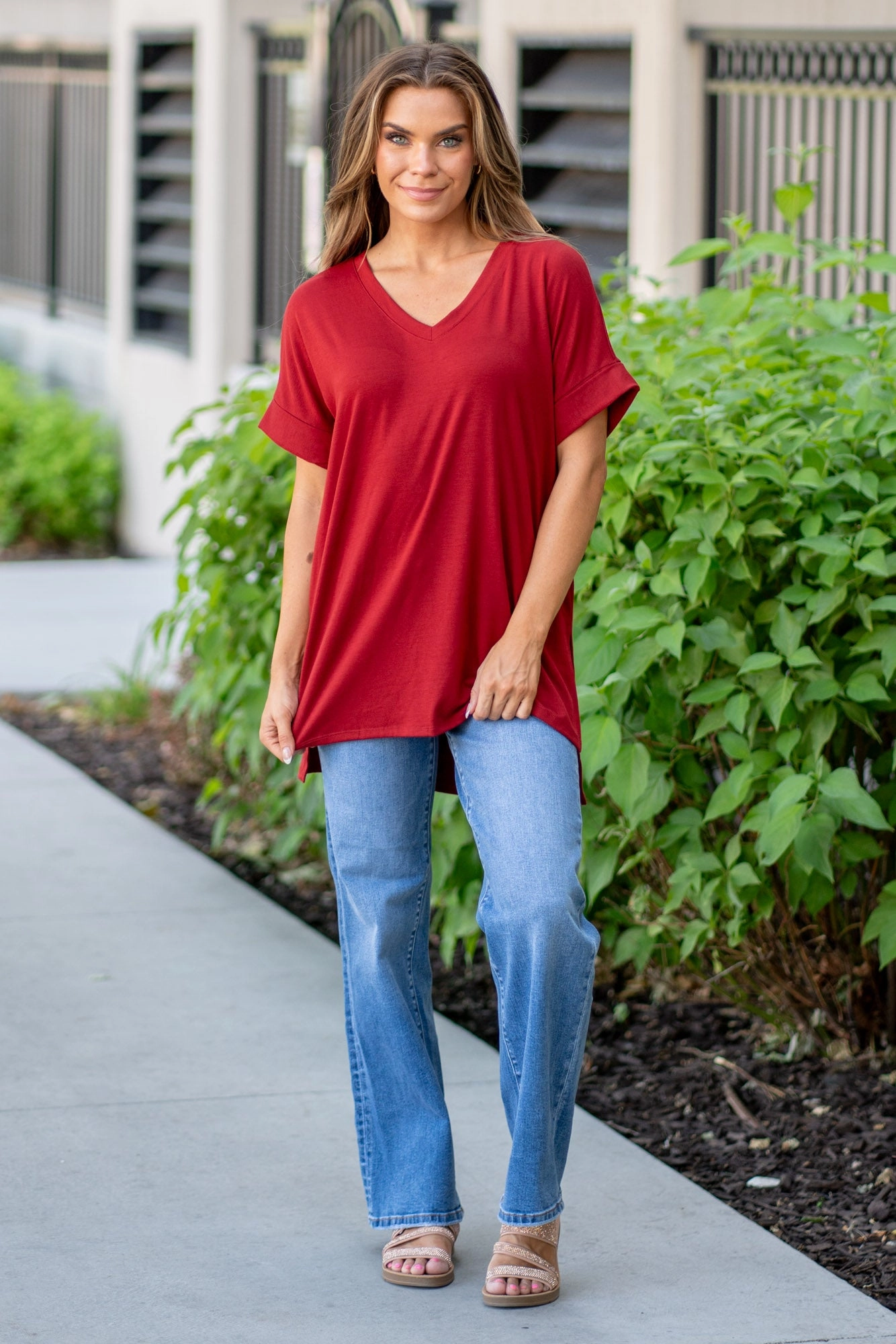 Stretch Material Quick Drying Super Soft  High Low Hem V Neck Top - Copper Red T-Shirt