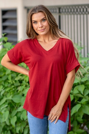 Perfect Fit Wear Super Soft  High Low Hem V Neck Top - Copper Red T-Shirt