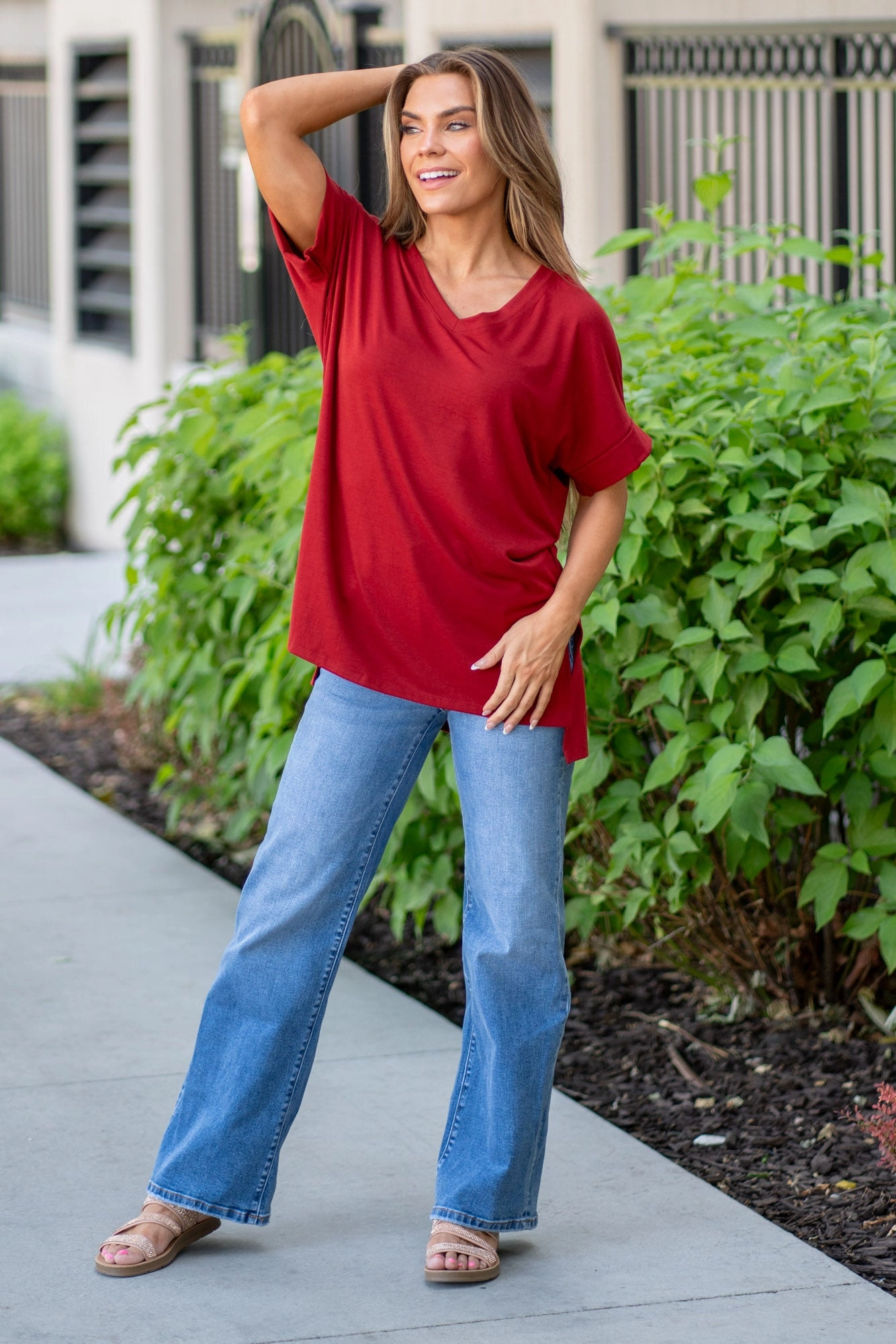 Super Soft  High Low Hem V Neck Top - Copper Red T-Shirt Casual Wearable