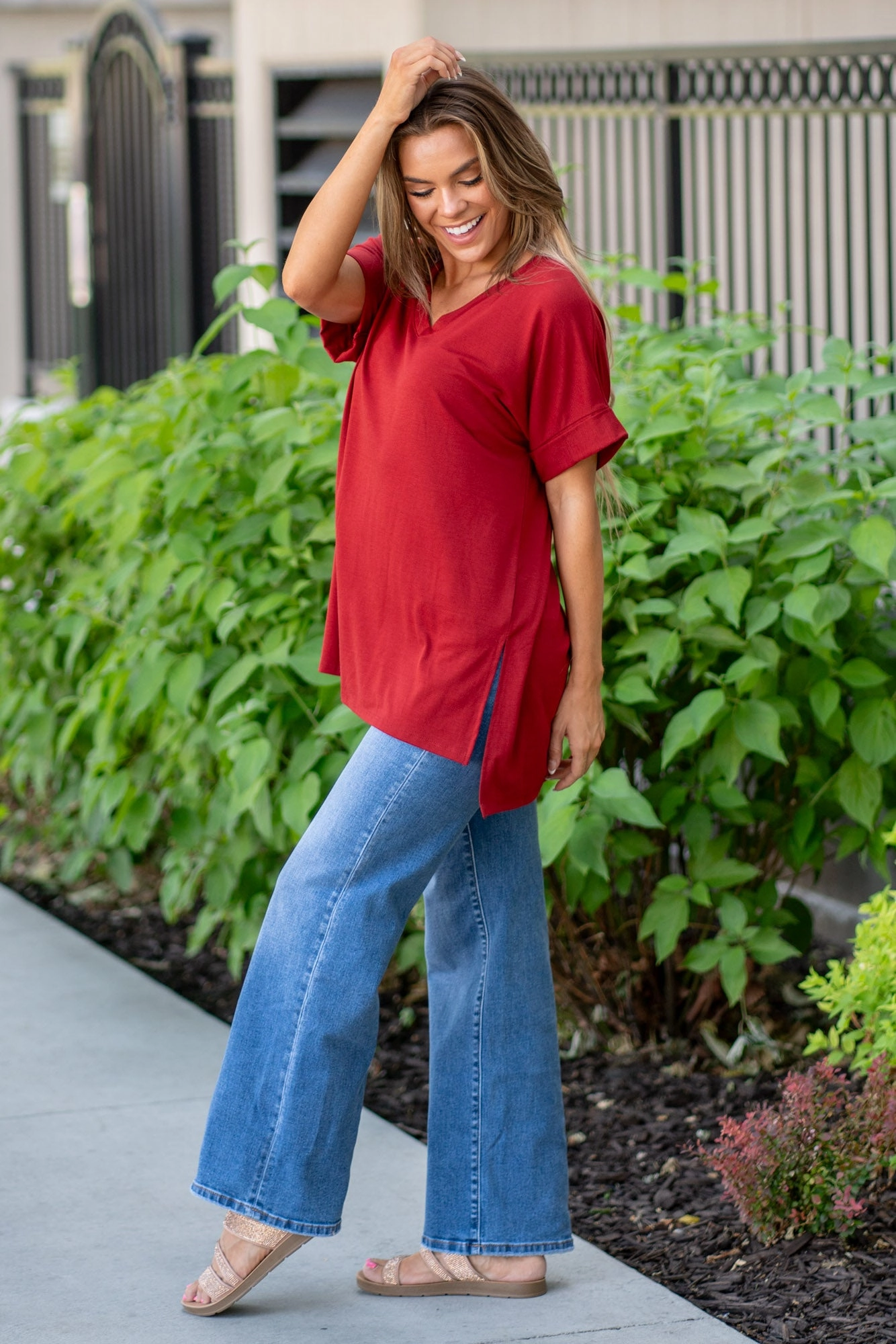 Versatile Layering Quality Layer Super Soft  High Low Hem V Neck Top - Copper Red T-Shirt