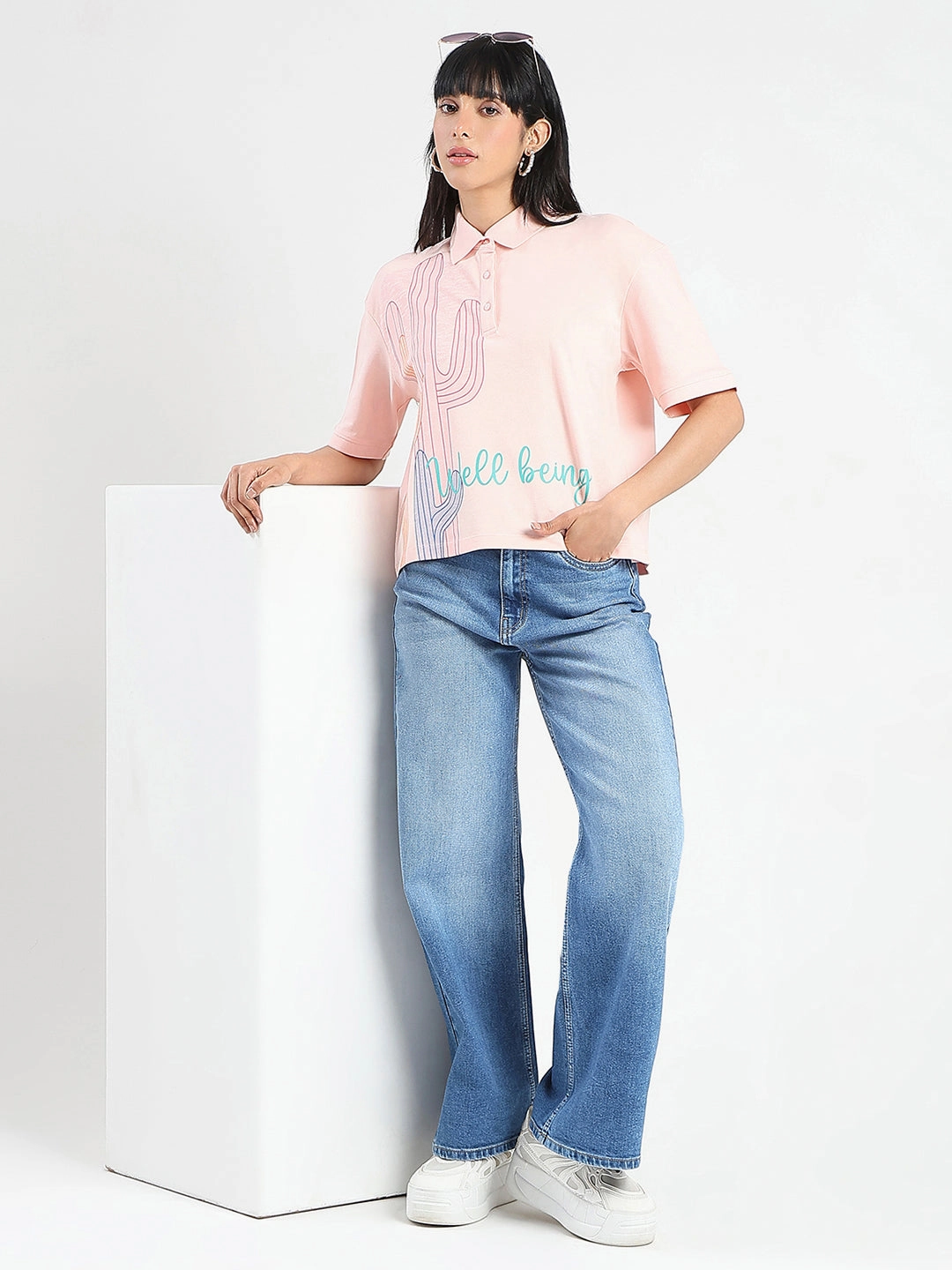 Interlock Stitch Detail Madame Graphic Print Cotton Blend Peach Polo T-shirt